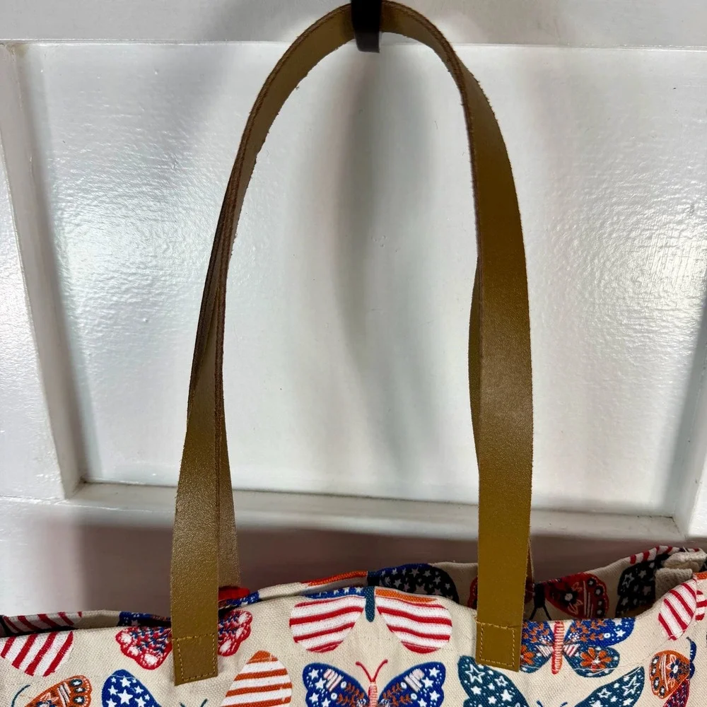 Canvas Boho Butterfly Flag Print Tote Bag Red White Blue Pom‎ Pom Red Straps